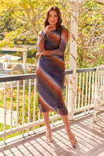 Load image into Gallery viewer, Maya Long Sleeve Blue Brown Rust Print Rouged Dress
