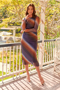 Maya Long Sleeve Blue Brown Rust Print Rouged Dress