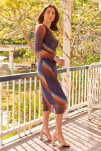Load image into Gallery viewer, Maya Long Sleeve Blue Brown Rust Print Rouged Dress