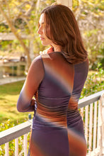 Load image into Gallery viewer, Maya Long Sleeve Blue Brown Rust Print Rouged Dress