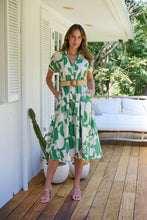 Load image into Gallery viewer, Billie Green/Cream Geometric Print Button Front Faux Linen Midi Belted Dress
