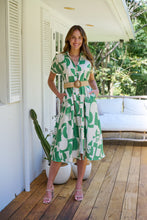 Load image into Gallery viewer, Billie Green/Cream Geometric Print Button Front Faux Linen Midi Belted Dress