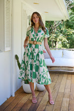 Load image into Gallery viewer, Billie Green/Cream Geometric Print Button Front Faux Linen Midi Belted Dress