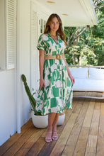 Load image into Gallery viewer, Billie Green/Cream Geometric Print Button Front Faux Linen Midi Belted Dress
