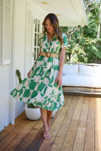 Load image into Gallery viewer, Billie Green/Cream Geometric Print Button Front Faux Linen Midi Belted Dress