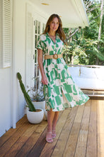 Load image into Gallery viewer, Billie Green/Cream Geometric Print Button Front Faux Linen Midi Belted Dress
