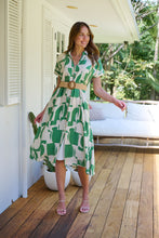 Load image into Gallery viewer, Billie Green/Cream Geometric Print Button Front Faux Linen Midi Belted Dress