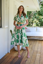 Load image into Gallery viewer, Billie Green/Cream Geometric Print Button Front Faux Linen Midi Belted Dress