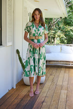 Load image into Gallery viewer, Billie Green/Cream Geometric Print Button Front Faux Linen Midi Belted Dress