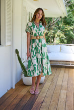 Load image into Gallery viewer, Billie Green/Cream Geometric Print Button Front Faux Linen Midi Belted Dress