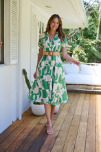 Load image into Gallery viewer, Billie Green/Cream Geometric Print Button Front Faux Linen Midi Belted Dress