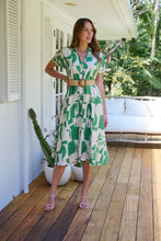Load image into Gallery viewer, Billie Green/Cream Geometric Print Button Front Faux Linen Midi Belted Dress