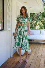 Load image into Gallery viewer, Billie Green/Cream Geometric Print Button Front Faux Linen Midi Belted Dress