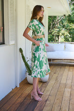 Load image into Gallery viewer, Billie Green/Cream Geometric Print Button Front Faux Linen Midi Belted Dress