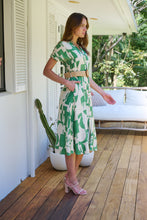 Load image into Gallery viewer, Billie Green/Cream Geometric Print Button Front Faux Linen Midi Belted Dress