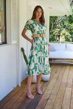 Load image into Gallery viewer, Billie Green/Cream Geometric Print Button Front Faux Linen Midi Belted Dress
