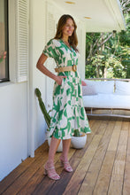 Load image into Gallery viewer, Billie Green/Cream Geometric Print Button Front Faux Linen Midi Belted Dress