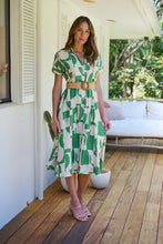 Load image into Gallery viewer, Billie Green/Cream Geometric Print Button Front Faux Linen Midi Belted Dress