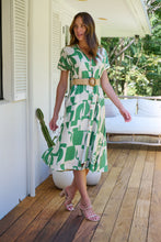 Load image into Gallery viewer, Billie Green/Cream Geometric Print Button Front Faux Linen Midi Belted Dress