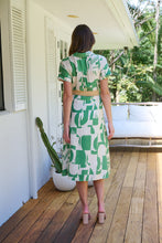 Load image into Gallery viewer, Billie Green/Cream Geometric Print Button Front Faux Linen Midi Belted Dress
