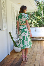 Load image into Gallery viewer, Billie Green/Cream Geometric Print Button Front Faux Linen Midi Belted Dress