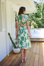 Load image into Gallery viewer, Billie Green/Cream Geometric Print Button Front Faux Linen Midi Belted Dress