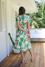Load image into Gallery viewer, Billie Green/Cream Geometric Print Button Front Faux Linen Midi Belted Dress