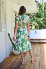 Load image into Gallery viewer, Billie Green/Cream Geometric Print Button Front Faux Linen Midi Belted Dress