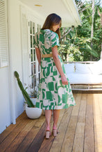 Load image into Gallery viewer, Billie Green/Cream Geometric Print Button Front Faux Linen Midi Belted Dress