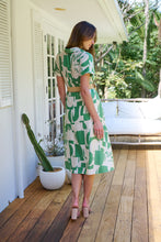 Load image into Gallery viewer, Billie Green/Cream Geometric Print Button Front Faux Linen Midi Belted Dress
