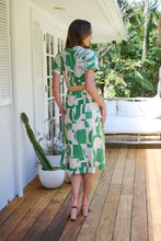 Load image into Gallery viewer, Billie Green/Cream Geometric Print Button Front Faux Linen Midi Belted Dress