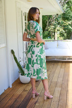 Load image into Gallery viewer, Billie Green/Cream Geometric Print Button Front Faux Linen Midi Belted Dress