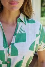Load image into Gallery viewer, Billie Green/Cream Geometric Print Button Front Faux Linen Midi Belted Dress