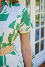 Load image into Gallery viewer, Billie Green/Cream Geometric Print Button Front Faux Linen Midi Belted Dress
