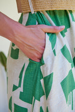 Load image into Gallery viewer, Billie Green/Cream Geometric Print Button Front Faux Linen Midi Belted Dress