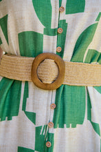 Load image into Gallery viewer, Billie Green/Cream Geometric Print Button Front Faux Linen Midi Belted Dress