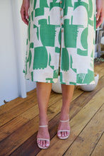 Load image into Gallery viewer, Billie Green/Cream Geometric Print Button Front Faux Linen Midi Belted Dress