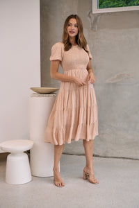 Caroline Peach Speckled Print Shirred Tiered Dress