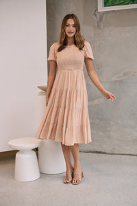 Caroline Peach Speckled Print Shirred Tiered Dress