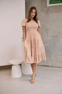 Caroline Peach Speckled Print Shirred Tiered Dress