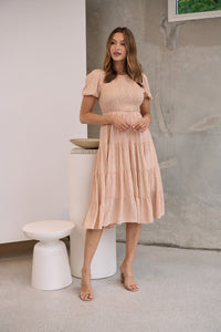 Caroline Peach Speckled Print Shirred Tiered Dress