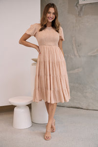 Caroline Peach Speckled Print Shirred Tiered Dress
