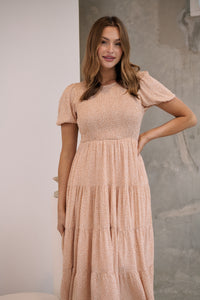 Caroline Peach Speckled Print Shirred Tiered Dress
