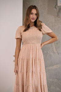 Caroline Peach Speckled Print Shirred Tiered Dress
