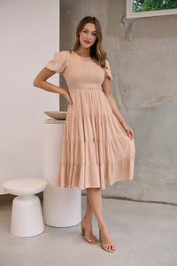 Caroline Peach Speckled Print Shirred Tiered Dress