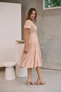 Caroline Peach Speckled Print Shirred Tiered Dress
