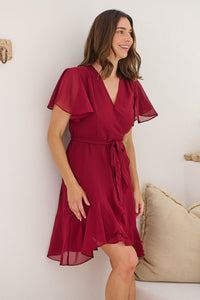 Zahara Chiffon Plum Red Cross Over Tie Waist Evening Dress