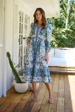 Load image into Gallery viewer, Gardenia Blue/White/Green Paisley Print Long Sleeve Dress