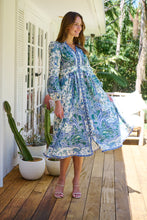 Load image into Gallery viewer, Gardenia Blue/White/Green Paisley Print Long Sleeve Dress