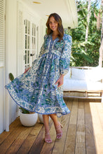 Load image into Gallery viewer, Gardenia Blue/White/Green Paisley Print Long Sleeve Dress